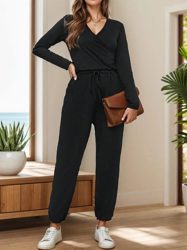 Surplice Tie Waist Long Sleeve Jumpsuit - ShopEasier