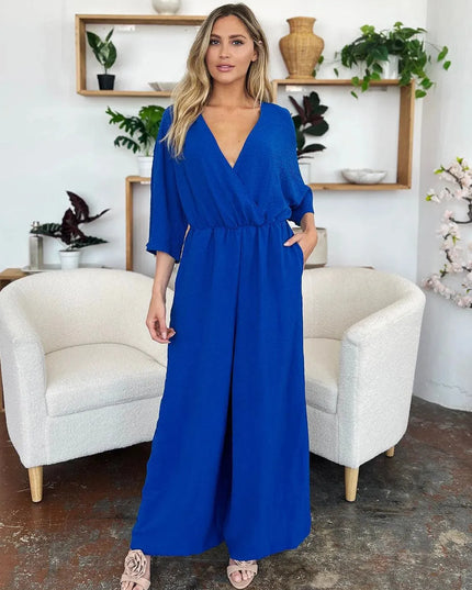 Double Take Full Size Surplice Wide Leg Jumpsuit with Pockets - ShopEasier