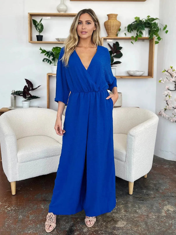 Double Take Full Size Surplice Wide Leg Jumpsuit with Pockets - ShopEasier