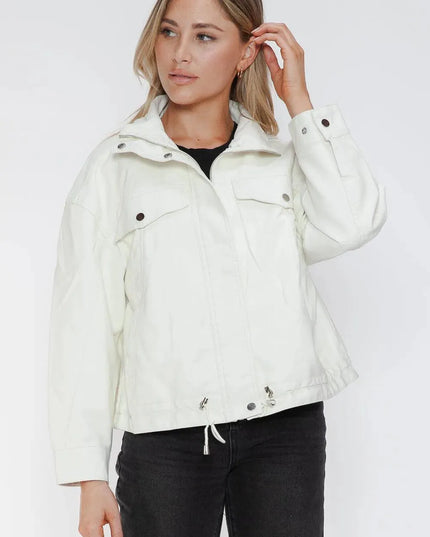 How Dare U Drawstring Hem PU Leather Zip Up Jacket - ShopEasier