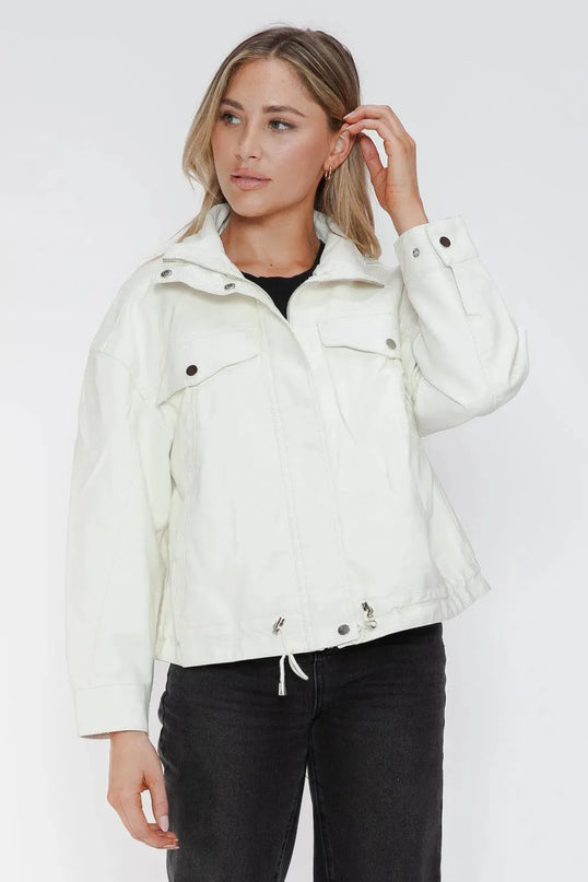 How Dare U Drawstring Hem PU Leather Zip Up Jacket - ShopEasier