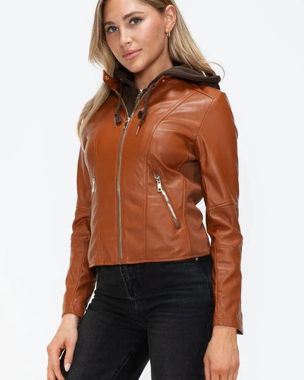 Snobbish Faux Leather Zip Up Drawstring Hooded Jacket - ShopEasier