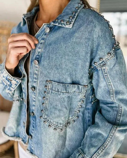 Studded Acid Wash Long Sleeve Denim Jacket - ShopEasier