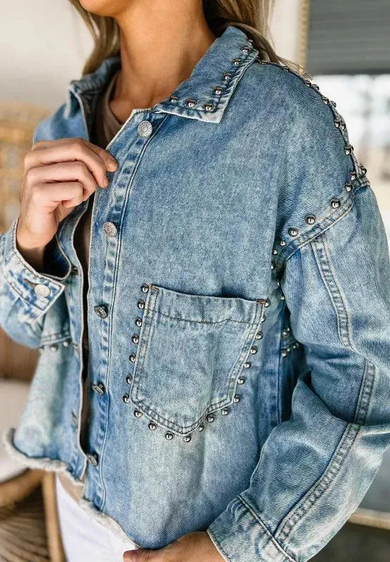 Studded Acid Wash Long Sleeve Denim Jacket - ShopEasier