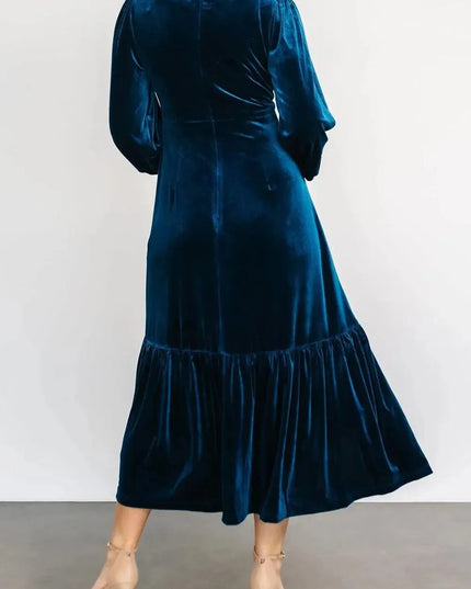 V-Neck Long Sleeve Midi Velvet Dress