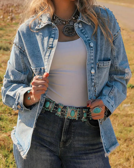 Studded Acid Wash Long Sleeve Denim Jacket - ShopEasier