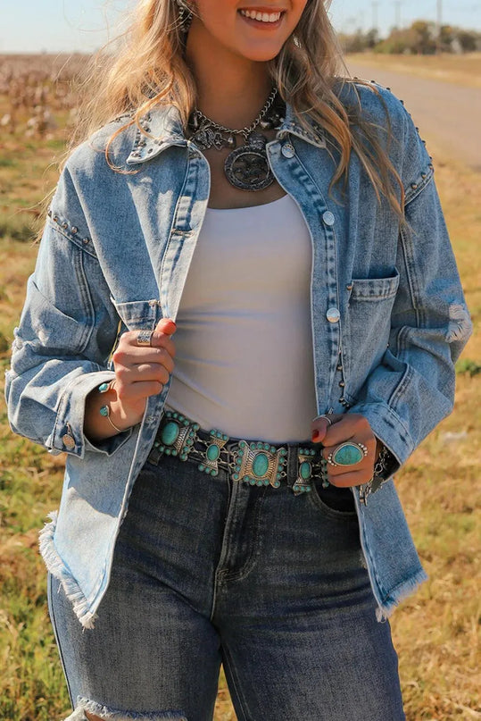 Studded Acid Wash Long Sleeve Denim Jacket - ShopEasier