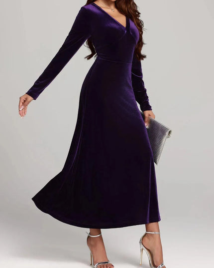 V-Neck Long Sleeve Velvet Dress - ShopEasier