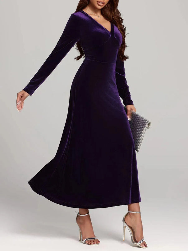 V-Neck Long Sleeve Velvet Dress - ShopEasier