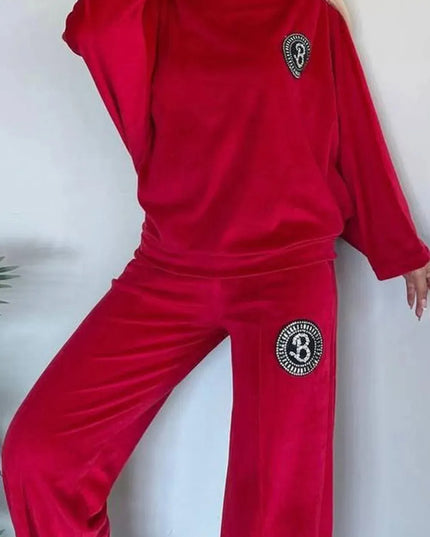 Conjunto de pantalón y blusa de manga larga con cuello barco en talla grande