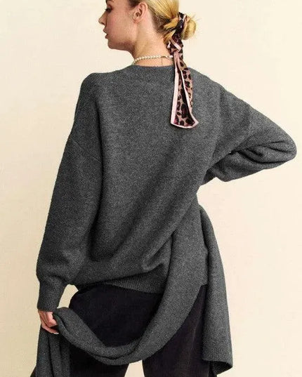 Cozy V-Neck Sweater and Scarf Set with Dropped Shoulders