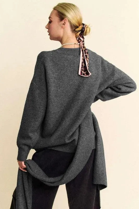 Cozy V-Neck Sweater and Scarf Set with Dropped Shoulders