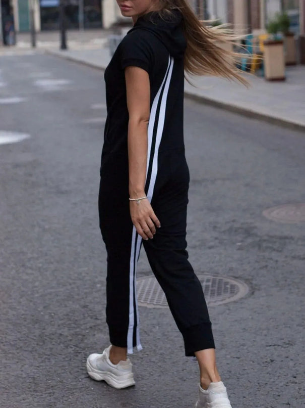 Striped Short Sleeve Hooded Jumpsuit - ShopEasier