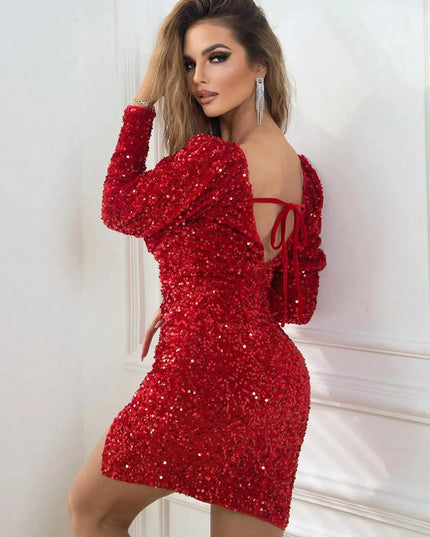 Sequin Sweetheart Neck Tie Back Long Sleeve Slit Dress