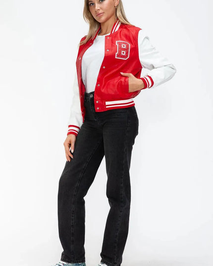 Love Me Now PU Leather Contrast Snap Down Bomber Jacket - ShopEasier