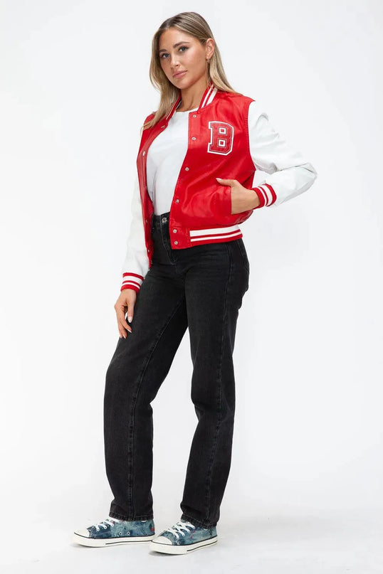 Love Me Now PU Leather Contrast Snap Down Bomber Jacket - ShopEasier