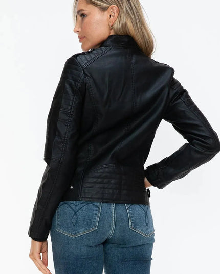 Snobbish PU Leather Biker Jacket with Side Zip Pockets - ShopEasier