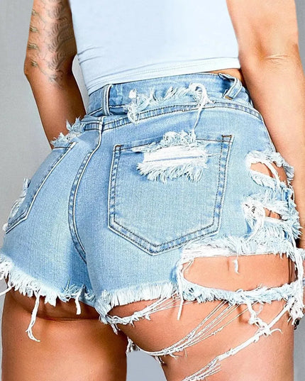 Distressed Pocketed Denim Shorts with Raw Hem Finish