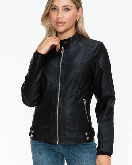 Snobbish Faux Leather Biker Jacket with Side Zip Pockets - ShopEasier