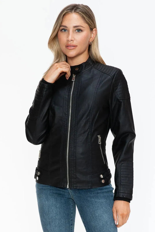 Snobbish Faux Leather Biker Jacket with Side Zip Pockets - ShopEasier