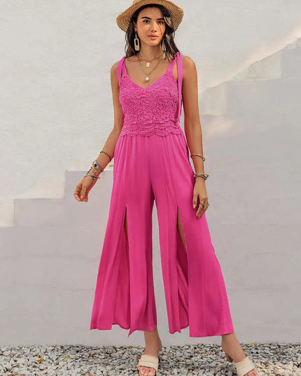 V-Neck Wide Strap Slit Jumpsuit - ShopEasier