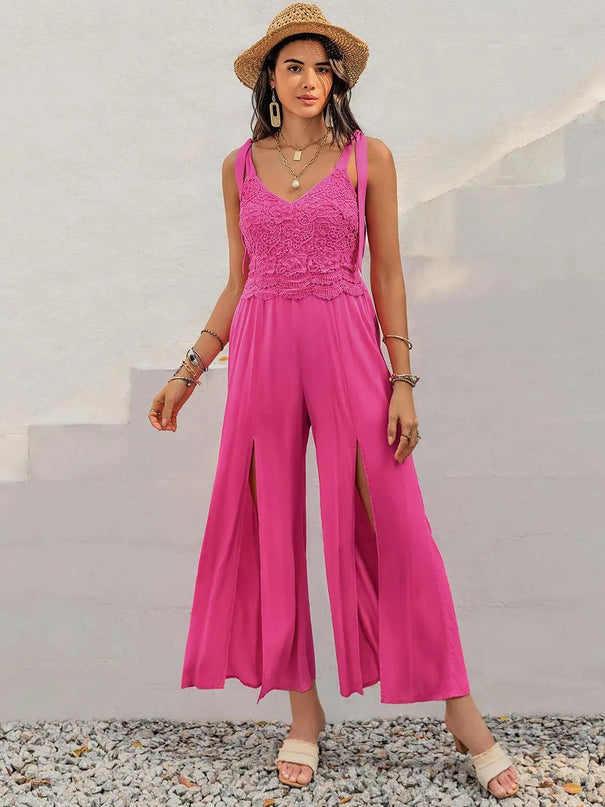 V-Neck Wide Strap Slit Jumpsuit - ShopEasier