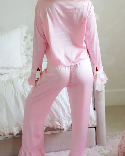 Tied Collar Neck Long Sleeve Lounge Set with Pants