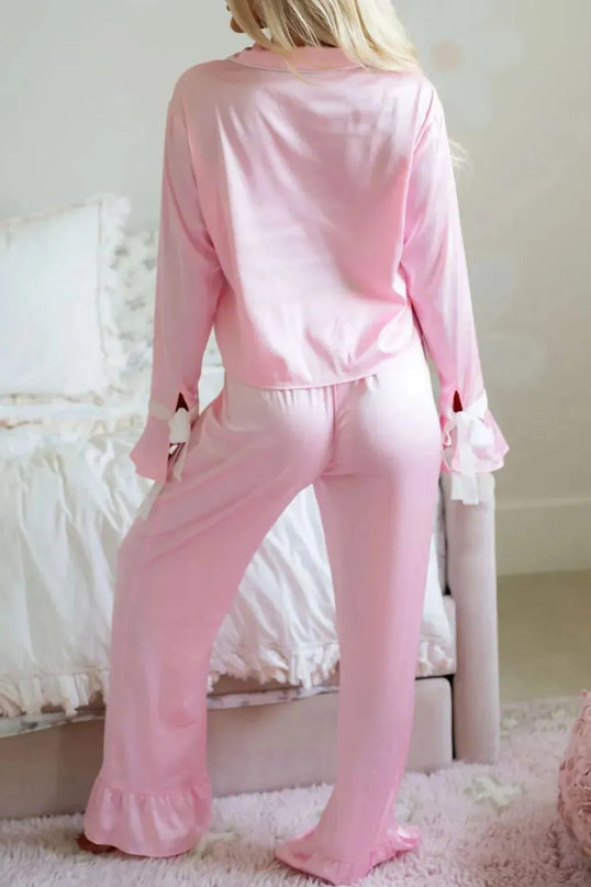 Tied Collar Neck Long Sleeve Lounge Set with Pants