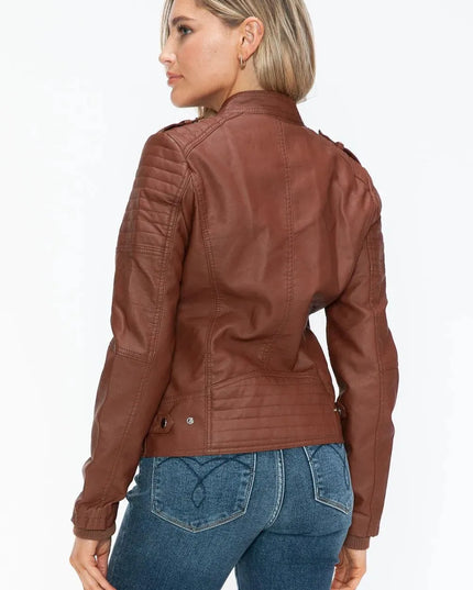 Snobbish PU Leather Biker Jacket with Side Zip Pockets - ShopEasier