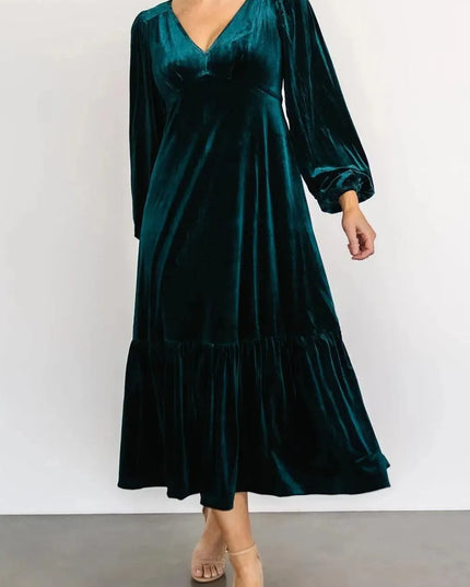 V-Neck Long Sleeve Midi Velvet Dress