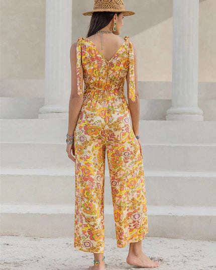 Floral Print V-Neck Tie-Shoulder Jumpsuit