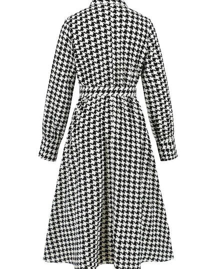 Tied Houndstooth Long Sleeve Midi Dress