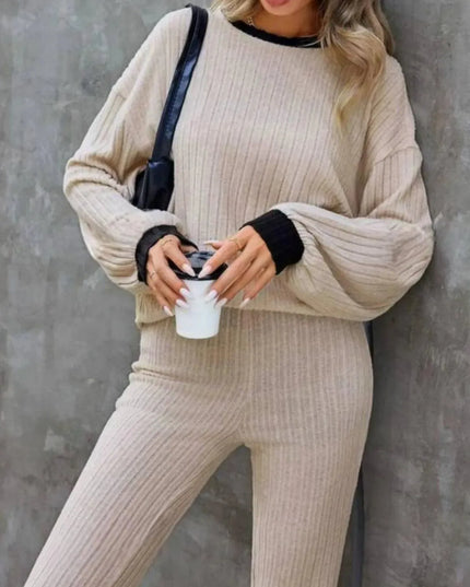 Contrast Round Neck Long Sleeve Top and Bootcut Pants Set