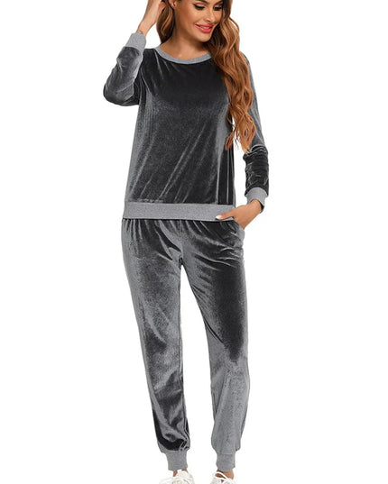 Cozy Round Neck Long Sleeve Lounge Set with Convenient Pockets