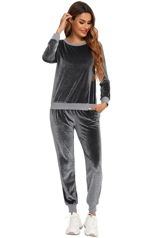 Cozy Round Neck Long Sleeve Lounge Set with Convenient Pockets