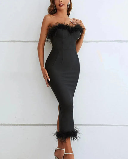 Feather Trim Strapless Sweetheart Neck Dress