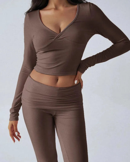 Chic Ruched Long Sleeve Top and Pants Ensemble