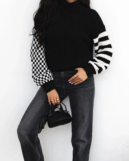 Colorful Striped Checkered Turtleneck Oversized Sweater