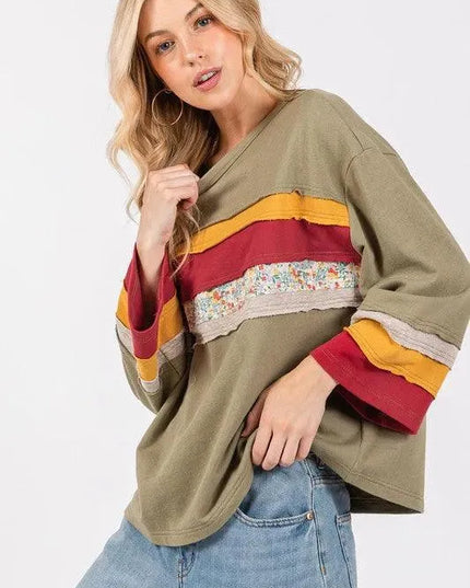 Color Blocked French Terry 3/4 Sleeve Top with Floral Contrast