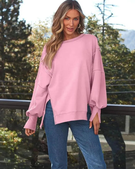 Slit Round Neck Long Sleeve Sweatshirt - ShopEasier