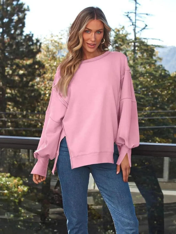 Slit Round Neck Long Sleeve Sweatshirt - ShopEasier