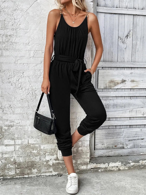 Scoop Neck Tie Waist Jumpsuit - ShopEasier