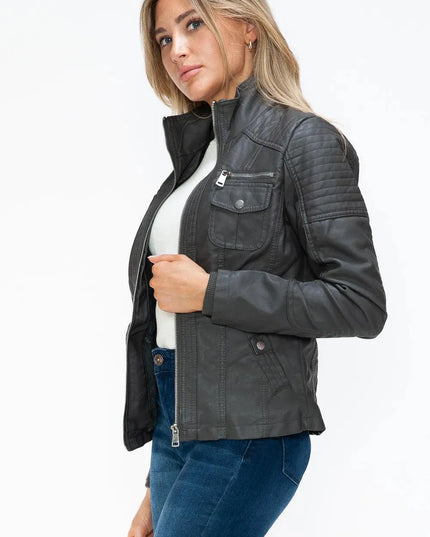 YMI Removable Faux Layered Multi-Pocket Jacket with Fuzzy Hood - ShopEasier