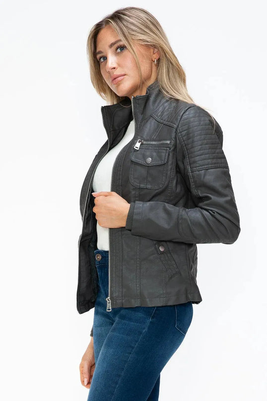 YMI Removable Faux Layered Multi-Pocket Jacket with Fuzzy Hood - ShopEasier