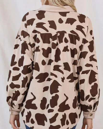 Cow Print Button Up Corduroy Shacket - ShopEasier