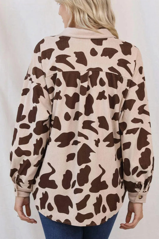 Cow Print Button Up Corduroy Shacket - ShopEasier