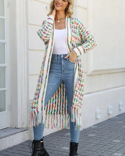 Angel Wings Full Size Multicolored Open Front Fringe Hem Cardigan - ShopEasier