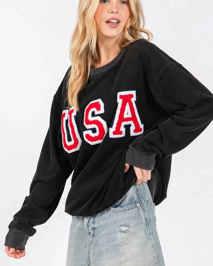 USA Letter Patch Classic Round Neck Sweatshirt by SAGE + FIG