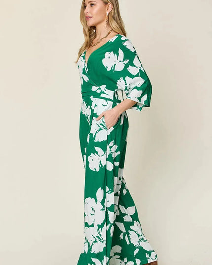 Double Take Full Size Printed Tie Back Wide Leg Jumpsuit - ShopEasier