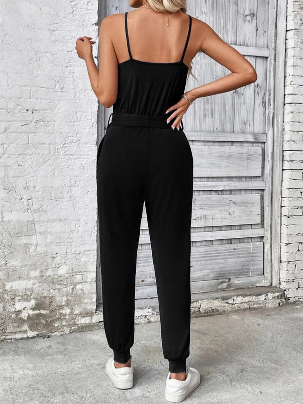 Scoop Neck Tie Waist Jumpsuit - ShopEasier